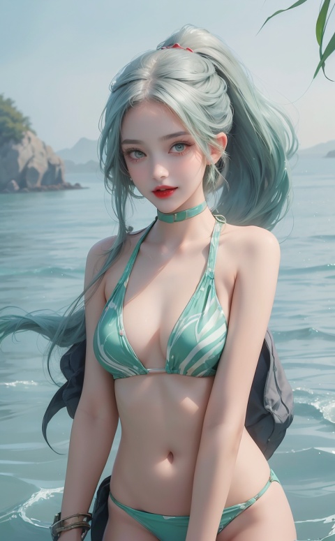  1girl,solo,game cg,red lips,green eyes,very long hair,jewelry,light green hair,indoors,single ponytail braid,smile,(three point bikini:1.5),Thighs,((water drops)),wet clothes,((beautiful detailed water)),((floating)),dynamic angle,