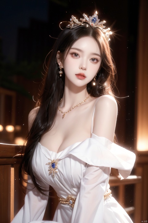 A princess, bust shot, close-up of the figure's head, ice crown, ornament, jewelry, necklace, sapphire, purple stone, noble dress, off-the-shoulder, big eyes, high nose, rosy lips, flowing white long hair and ear chain, just like a princess.White hair, Cleavage,Messy hair,delicate head wearing an ice crown, sparkling, flashing.,huliya, christmas, 1girl,skirt