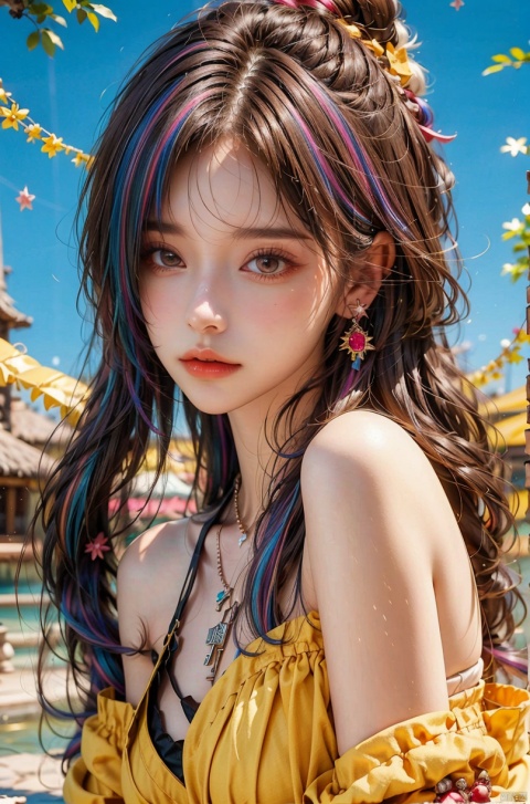  cowboy_shot,1girl,Bangs, off shoulder, colorful_hair, ((colorful hair)), yellow eyes, chest, necklace, earrings, floating hair, jewelry, sleeveless, very long hair,Looking at the observer, parted lips, pierced,energy,electricity,magic,tifa,sssr, , , AImote