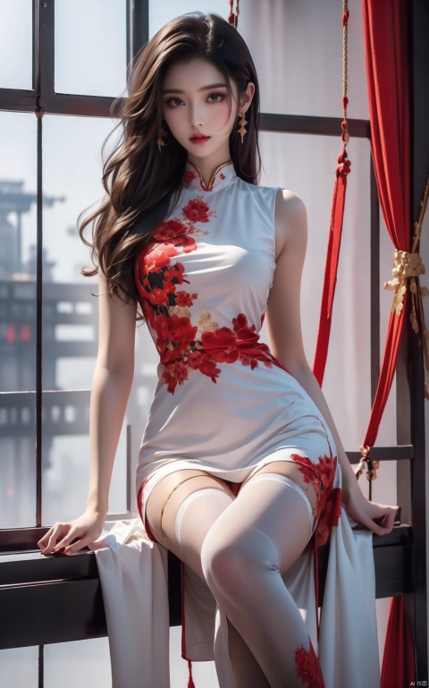  Model in black stockings wearing long white dress on swing w. floral pattern, style, Soft romantic scene, 32k ultra high definition, red and gold, minimalist set, ferrania p30
