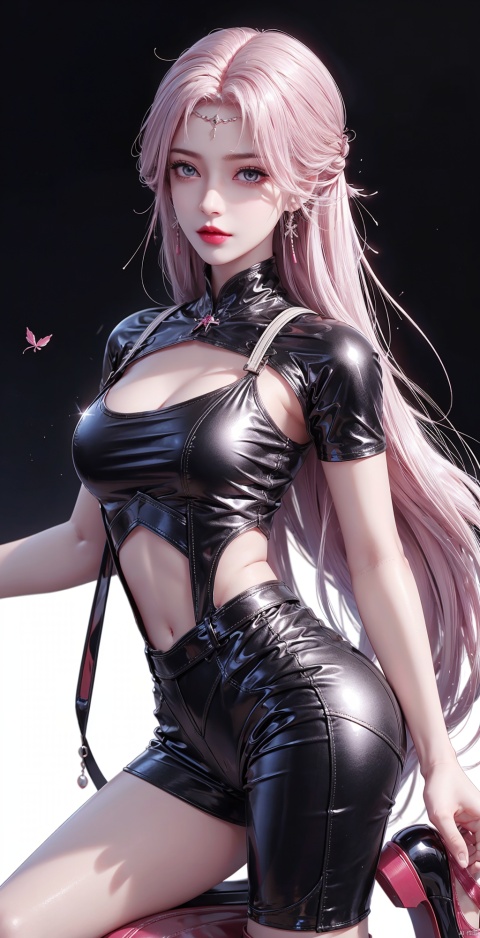  High quality, ultra high definition, surreal, highest resolution, high detail, clear visuals, girl, full body portrait, sapphire eyes, red lips, exquisite facial features, looking at the camera, (facial close-up), (white hair), mid chest, (round neck), tall figure, (latex black sports tight fitting t-shirt, shorts), highheels,gym,PinkMecha,latex,4k,极致细节,油亮的乳胶上衣,latex t-shirt, 1girl