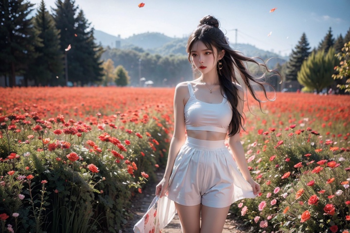  A melancholic autumn scene in a vast flower field,a gentle breeze rustling through the dry grass,fallen leaves scattered among the flowers, a bittersweet atmosphere, a moment of quiet contemplation,1girl,long hair,white_skirt, high-waist_shorts, outfit ,roses,(dynamic angle:1.1),vivid,Soft and warm color palette, delicate brushwork, evocative use of light and shadow, wide shot,subtle details in the wilting flowers,high contrast,color contrast, WuLight
