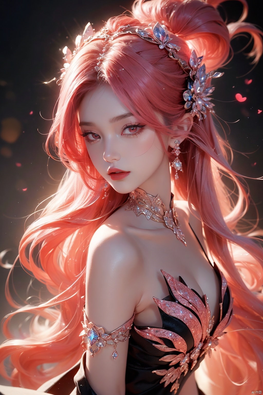  (aerial view,view of city),1girl flying in air,beautiful cute crystal girl in 26 years old, wearing crystal wear, the crystal is evil, black and pink and red glowing crystal, crystal pink hair, the power is every wear, she is evil but cute, the crystal is evil and glowing black and pink and red colors, detailed evil eyes,she has a serious expression and her lips are closed glowing crystal wear, (incredible details, cinematic ultra wide angle, depth of failed, hyper detailed, insane details, hyper realistic, high resolution, cinematic lighting, soft lighting, incredible quality, dynamic shot,,Hair with scenery,baiyueguangya,huliya