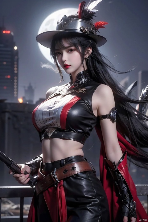  8K resolution, super resolution, sharp focus, grandeur, best quality, masterpiece, fantasy female gunfighter, delicate yet brave and fearless, wearing a deep red leather armor with silver edges, and a hat decorated with phoenix feathers. A wide-brimmed hat, eyes as fierce and firm as a burning furnace. He holds a steampunk-style precision repeating musket in his hand. The gun body is inlaid with gems and wrapped with complex mechanical pipes. A faint smoke is emitting from the muzzle. The background is The ruins of a futuristic steam city full of gears and iron frames, her resolute profile silhouette reflected in the moonlight. She stood on a pile of rubble, with an ammunition belt draped over her left shoulder and a sharp dagger hanging around her waist for close combat. arms., 1girl, xiaowu