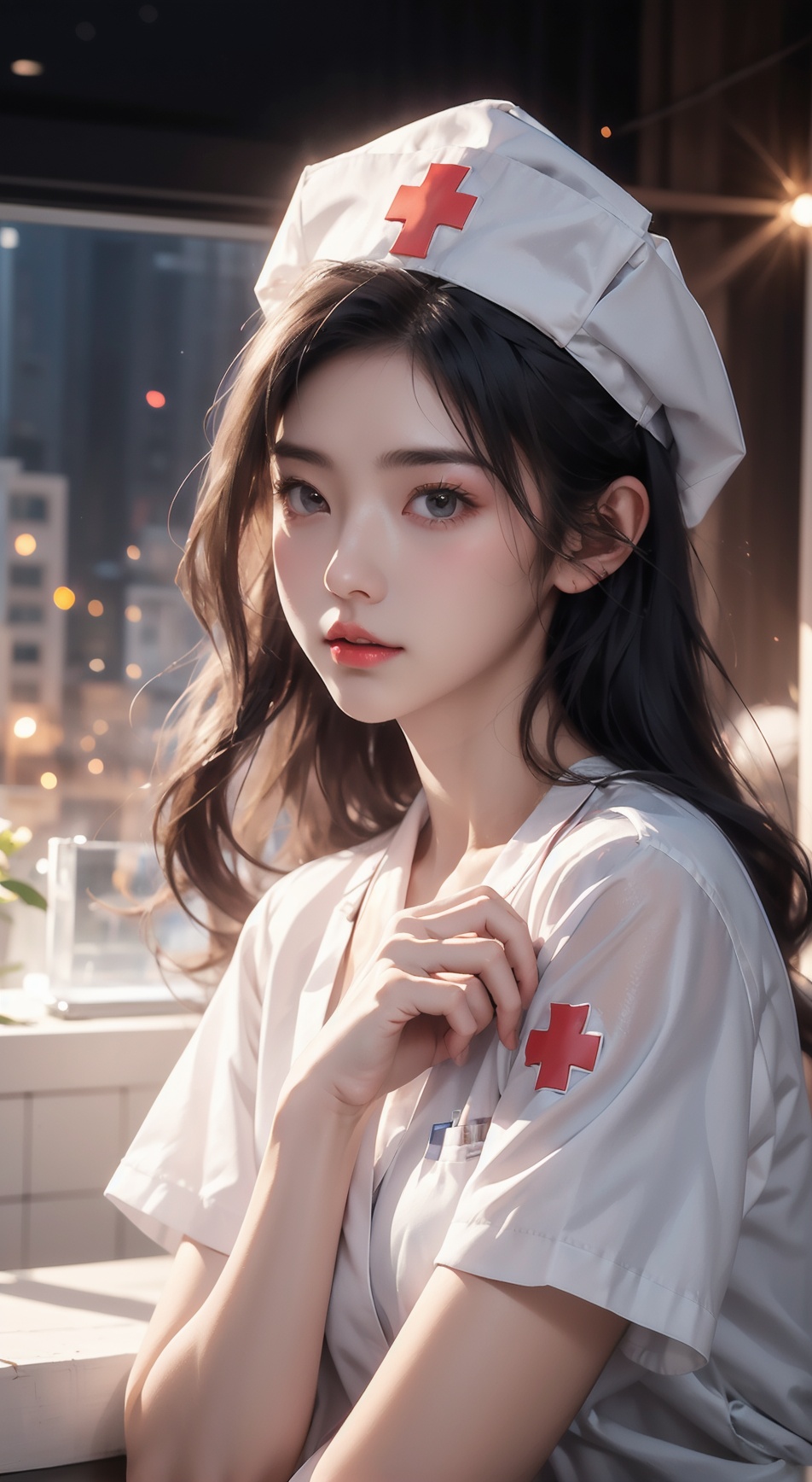  1 girl, wearing transparent white gauze nurse uniform, nurse hat, red cross,Nebula, tutututu, 21yo girl
