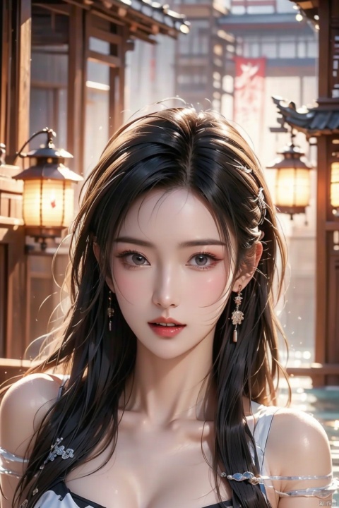  High quality, masterpiece, cinematic texture, Chinese elements, large aperture,close-up of head and face, 1 girl bathing in the pool, shoulders exposed to the water surface(wrapped in a gauze: 1.2), (with a large amount of water vapor on the surface: 1.5), (hot spring), lantern, night,Song style Hanfu,mist,8K Ultra HD, clear and bright image quality, highly refined, extremely fine, 1 girl, hm, tifa