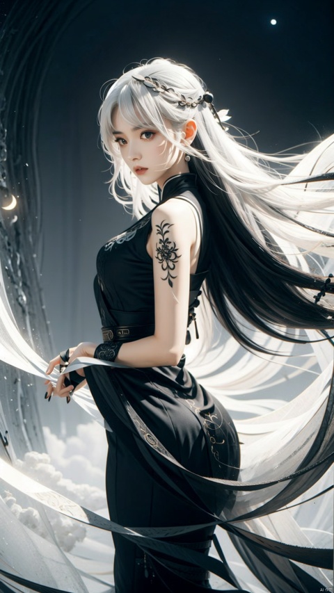  A white-haired woman in a black dress. The woman's dress features are extremely distinctive, leaving a deep impression on people.
Her dress is all black, a color that carries a mysterious and understated beauty in itself. The black dress made her look noble and mysterious, like a goddess from the night, quietly guarding a secret belonging to her.
The woman's hairstyle was also a highlight. A long silver-white hair is more striking against the dark background, as the moonlight flows, giving her an otherworldly temperament. Her hair is not too much decoration, just naturally falling, flowing over her shoulders, adding a bit of natural and pure beauty.
1 girl,full body,masterpiece,
render,technology, (best quality) (masterpiece), (highly detailed), game,4K,Official art, unit 8 k wallpaper, ultra detailed, beautiful and aesthetic, masterpiece, best quality, extremely detailed, dynamic angle, atmospheric, full body lens,high detail,exquisite facial features,futuristic,CG, Ink scattering_Chinese style,yjmonochrome,Ink and wash style