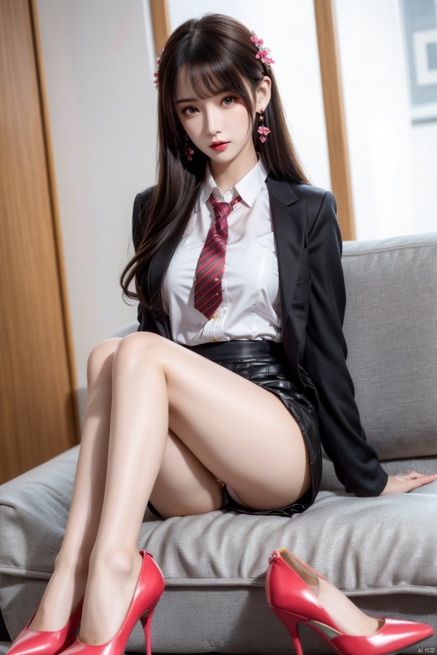  (2girls), multiple girls, high heels, brown hair, necktie, sitting, skirt, pantyhose, shirt, couch, long hair, cup, realistic, indoors, office lady, jacket, flower, white footwear, hair flower, pencil skirt, formal, suit, hairband, white shirt, legs, pillow, holding, bag, blurry, collared shirt, skirt suit, hair ornament, pink skirt , 1girl,high_heels,yellow_footwear,pencil_skirt,handbag,polka_dot_legwear