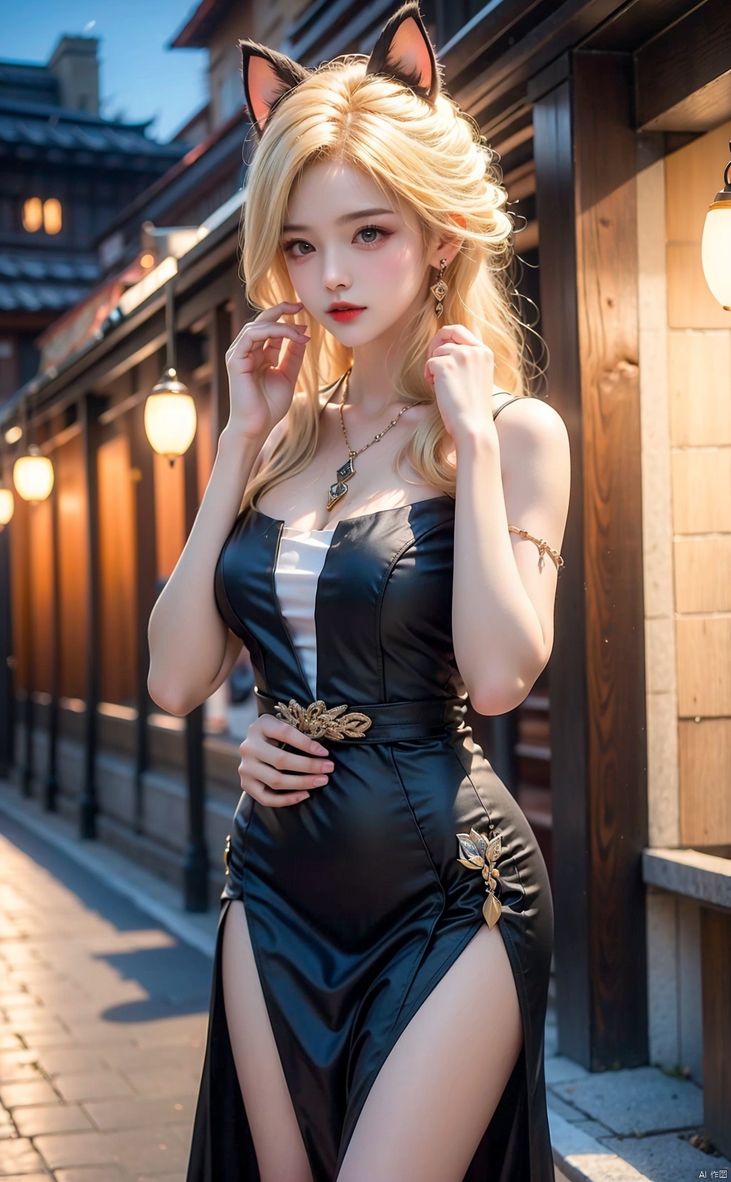  1Girl, Full and blond,Full and plump,Cat's ears (Steamed cat-ear shaped bread), earrings, necklace, jewels, cat whiskers, black gray dress, (half portrait), thighs, hands holding head, lights, night,signora (genshin impact),blonde hair