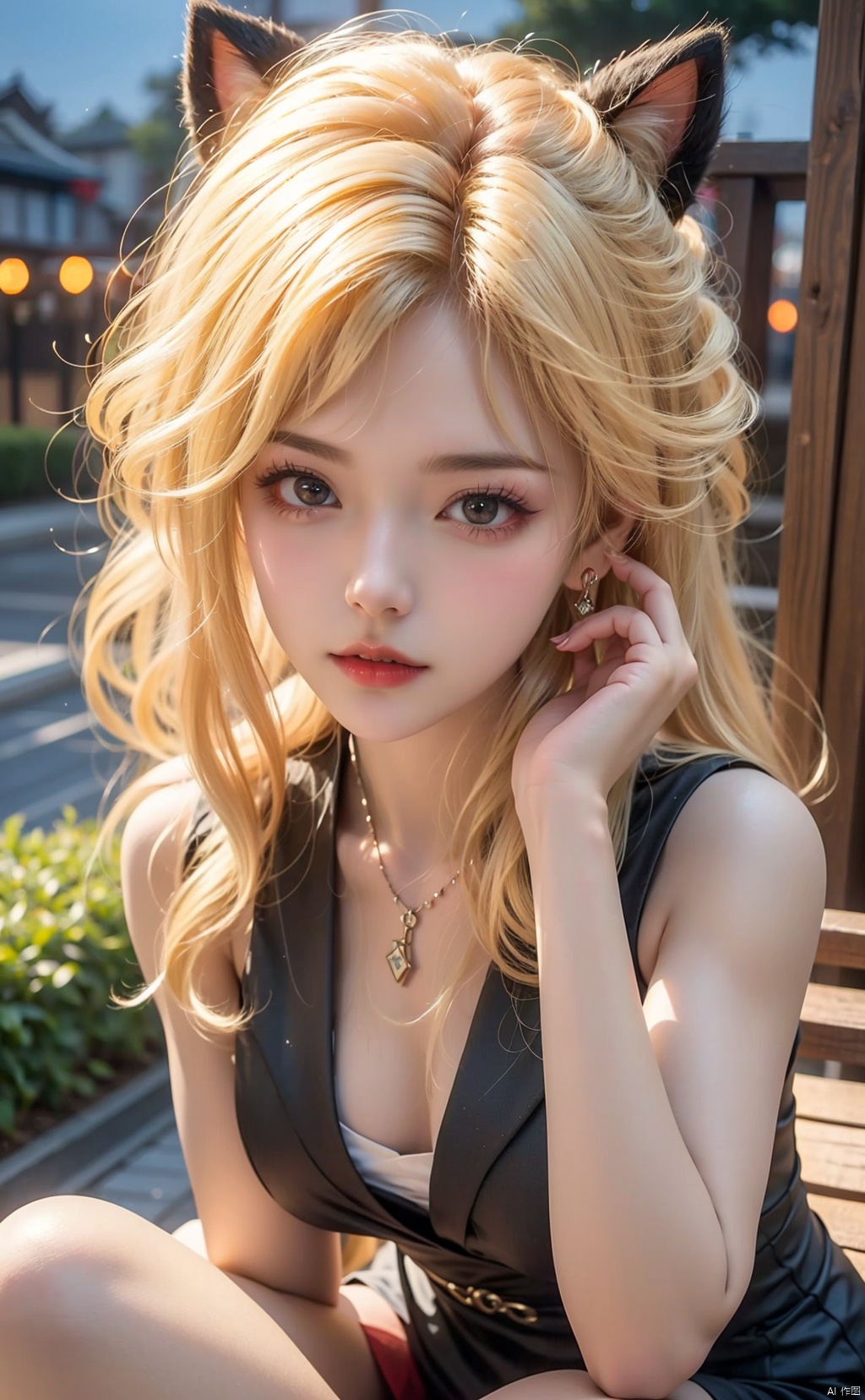  1Girl, Full and blond,Full and plump,Cat's ears (Steamed cat-ear shaped bread), earrings, necklace, jewels, cat whiskers, black gray dress, (half portrait), thighs, hands holding head, lights, night,signora (genshin impact),blonde hair