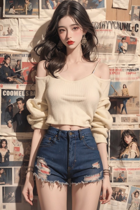  masterpiece, 1girl ((newspaper background)), black hair, blush, looking at viewers, happy, ((side)), whole body, Sweater, shoulder cutout, Denim hot pants, Shorts, jewelry, (studio light), soft light, official art, beautiful and aesthetic:1.2), extreme detailed, (joshua middleton comic cover art:1.1), (1girl:1.4), (concretism:1.2), (hypermaximalistic:1.5), highest detailed, huliya, (Action painting:1.2), Ray tracing, best quality, best quality,huliya,fox