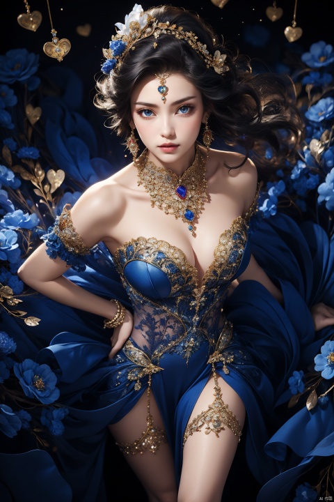  (masutepiece, of the highest quality, Best Quality, Official art, Beautiful and aesthetic:1.2), (1 Fantasy Girl), Extremely detailed, Glamorous Jewelry, long shapeless hair, (Fractal Art:1.3),Colorful,Highest detail.Express in the form of a heart、Ornaments in the shape of a blue heart、Use a lot of heart shapes、Use a lot of blue heart shapes in the background、Use a lot of blue、use a lot of blue flowers、Encrusted with blue heart-shaped jewelry、Heart-shaped bokeh、Ruby Ornament、Blue Gemstones、Angle from above the knee、Breasts are small and B size、A slender、Cleavage is visible。legs are thin and beautiful,the skin is white and transparent,high-heels、Gold Anklet、Ruby ornaments、Blue Gemstones、high-heels、Gold Anklet、
, Fractal