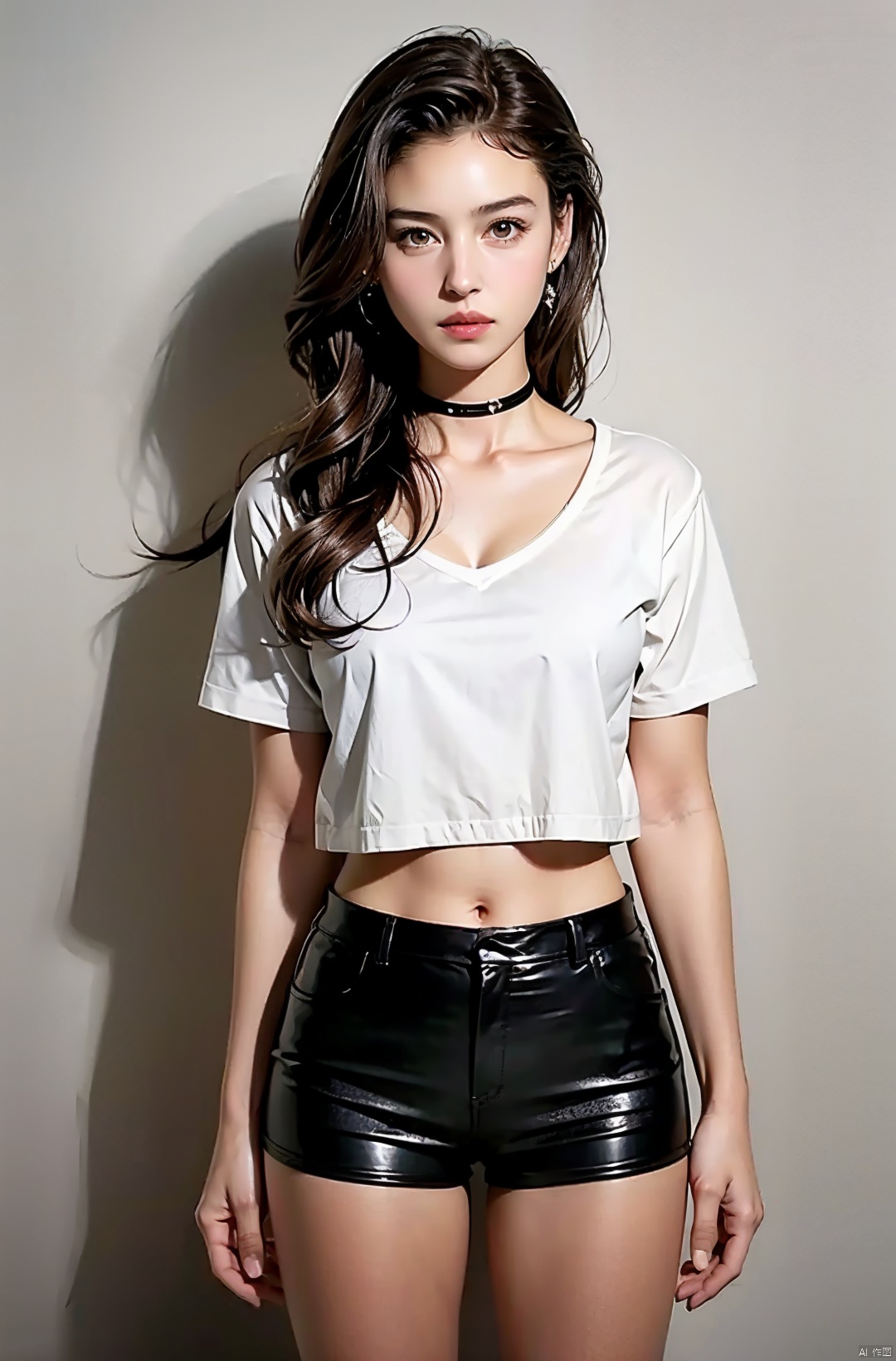  nai3, 1girl, peafect body,shorts, solo, black shorts, choker, blue eyes, black hair, shirt, , looking at viewer, white shirt, jewelry, cowboy shot, , short shorts, , black choker, thighs, stomach, long hair, bracelet, short sleeves, ribbon, collarbone, hair ribbon, standing, high-waist shorts, 
dolphin shorts, , closed mouth, hair ornament, 
, bangs, necklace, kind smile,,molika,brown-hair