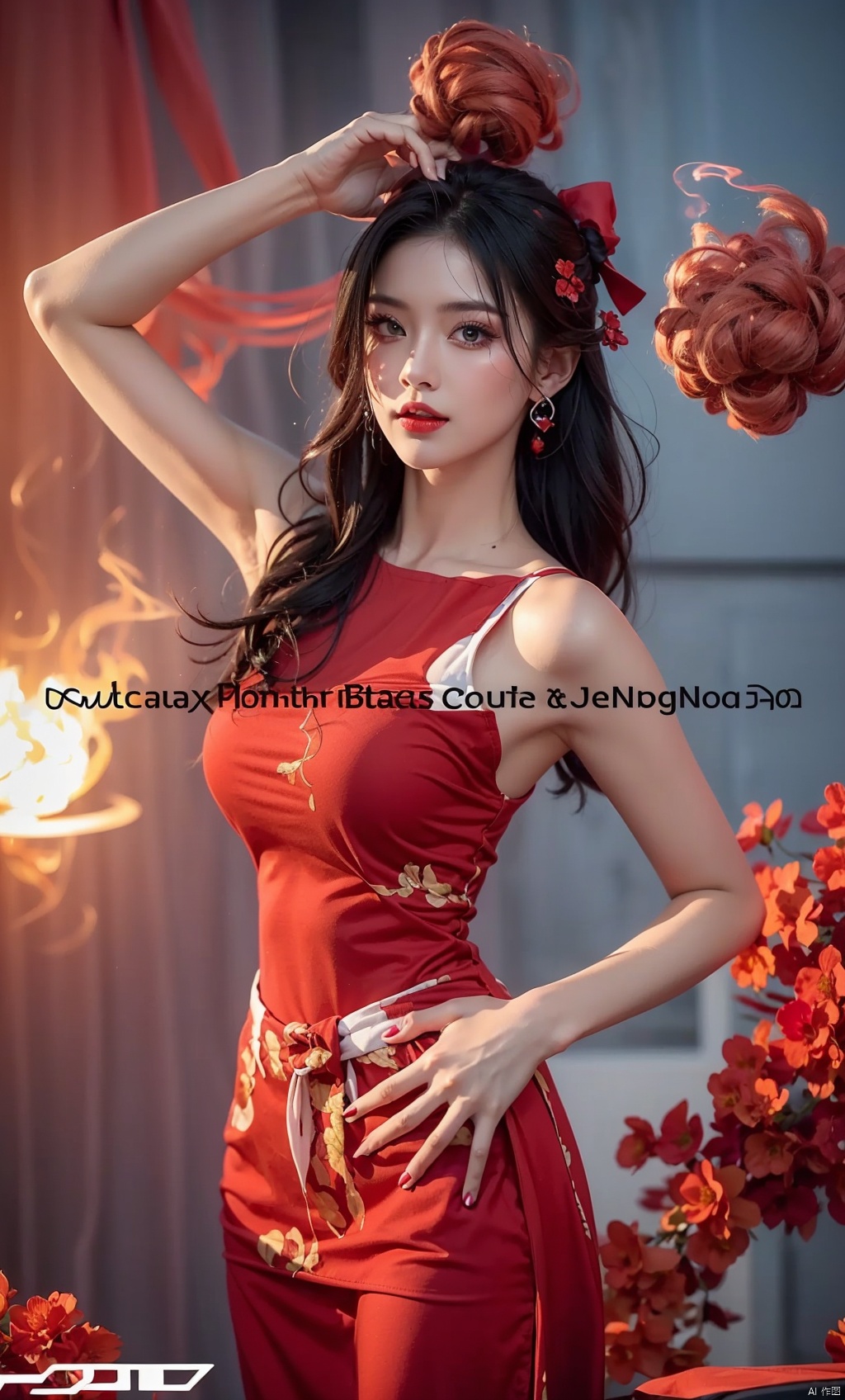  1girl,solo,red smoke,blue smoke.jewelry,earrings,long hair,flowerr,dress,looking at viewer,lips,upper body,red dress,black hair,bare shoulders,makeup,floating hair,s,nail polish,ray_traycing,best quality,masterpiece,magazine cover,cinematic_lighting,