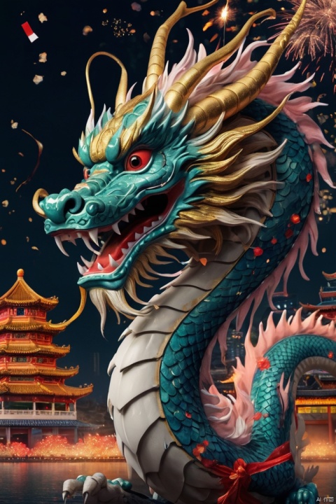  Holiday poster, chinese dragon, 2024 new year poster, New Year Eve 2024, fireworks, (best quality, masterpiece, Representative work, official art, Professional, 8k:1.3)