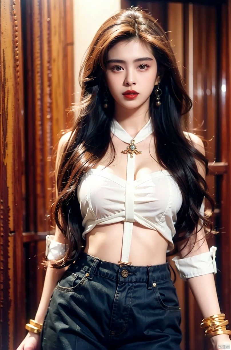  1girl, jewelry, earrings, solo, lipstick, black_hair, long_hair, makeup, red_lips,shirt,fancy brooch,pants, bracelet, black_pants, cowboy_shot, Realistic, masterpiece, highest quality, high resolution,dundar,, dyzgqzm, qingsha, wangzuxian, ((poakl))