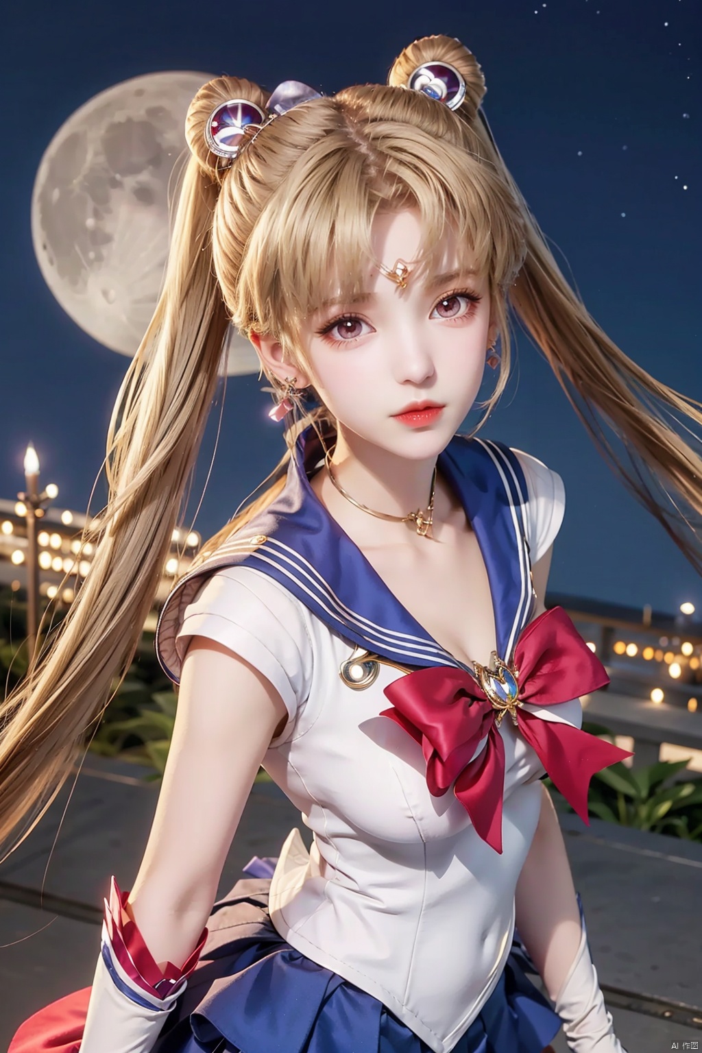  Top Quality, 1 girl, Sailor Moon, blonde hair, blue collar, boots, bow, castle, collar, city, crescent, Crescent, bun, earring, gloves, facial markings, flowers, full moon, gloves, jewelry, boots, layered skirt, lilies, lipstick, long hair, magic girl, cosmetics, Moon, night, Sailor Collar, Sailor Moon, sailor uniform, skirt, sky, solo, Star, Sky, Moon, pigtail, white shoes, white gloves, close up