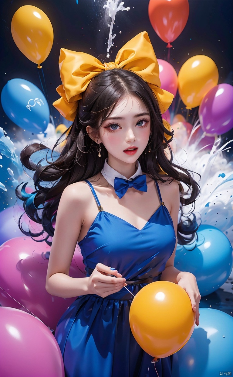  1girl, black long hair, bow tie, colorful dress, Colorful balloonsl, splashing water, starry sky,