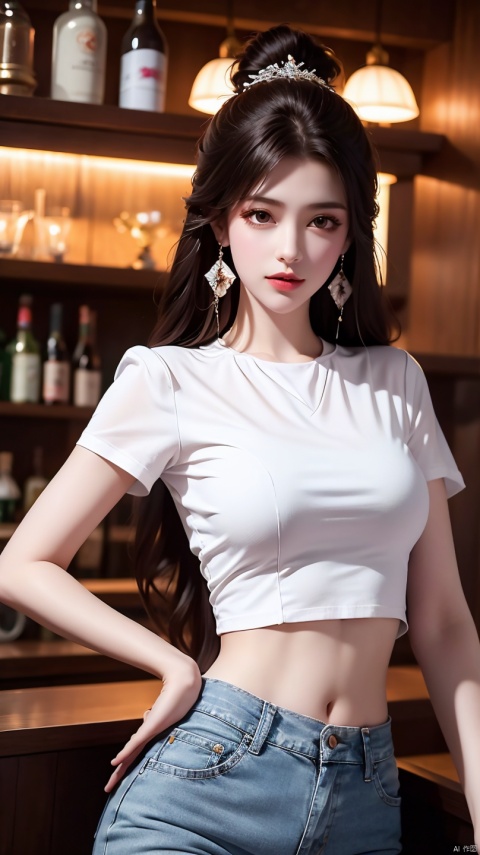  1girl, solo, long hair, black hair, earrings, looking at viewer, breasts, shirt, pants, denim, crop top, lips, white shirt, short sleeves, jeans, cowboy shot,At the bar, standing, medium breasts, midriff, closed mouth, realistic, luoxinyu, yuechan_wedding_lothes,A seductive look, cute eyes,coquette,(((enchanting))), yuechan