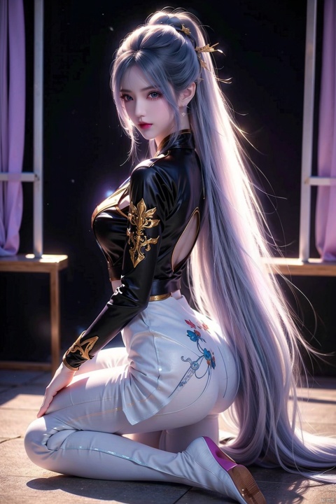  Long Hair, (Super Long Hair), white Hair, purple Eyes, Cosplay, Aquamarine Hair, Realistic, leather pants,Magical Mirai Mirai Goo
1girl, solo,
 , on all fours, pantyhose, tiandunv, yanlingji