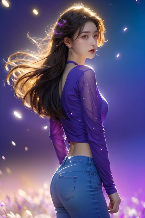  (top quality,8k wallpaper),(masterpiece,best quality:1.2),(high_resolution:1.2),(ultra details:1.2),extreme quality,sharp focus,highres,soft lighting,best quality,hyper detailed,(vivid color:1.3),(1girl,Gwendolyn_Tennyson,orange hair,green eyes,blue long sleeves,very skinny white denim pants),hands up to air,spread both hands,(leaning back posture:1.3),contrapposto pose,strong wind,swaying hair,cameltoe,(abstract purple particle glow light background:1.3),(depth of field:2.2),(dynamic angle:1.1),extreme long shot,cowboy shot,(from below:1.3), xiqing