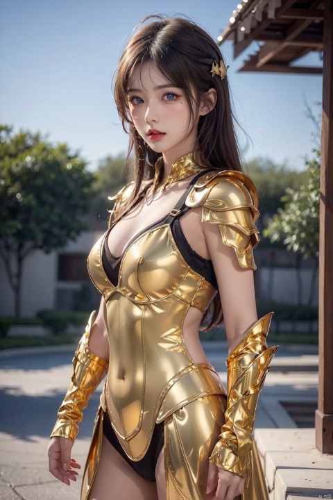 High quality, masterpiece, wallpaper, cinematic graphics,1girl,(( gold armor),blue eyes, breasts ,cowboy shot, medium breasts,standing, 1girl, 21yo girl