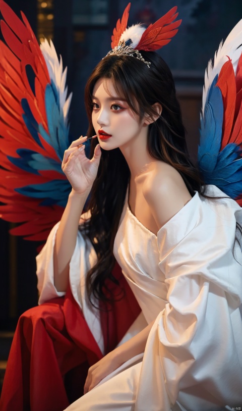  gongbihua,huge filesize,wallpaper,game cg,artbook,a red bird docked on its shoulder,1girl,solo,hair ornament,wings,black hair,makeup,feathers,looking at viewer,fingernails,sitting,jewelry,hand up,feathered wings,eyeshadow,talons,smoke,lipstick,long fingernails,sharp fingernails,headdress,from side,holding,red lips,tassel, cutegui