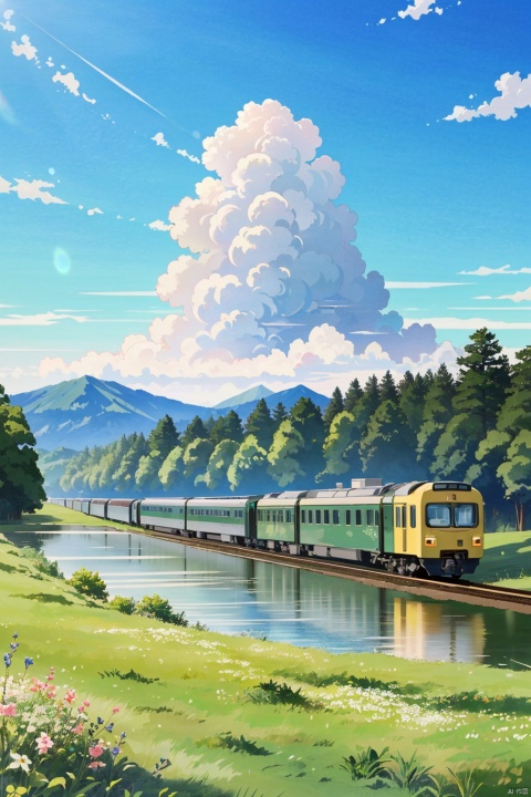  A train running in spring, with clear blue sky adorned by big fluffy white clouds. On one side, there is a shimmering lake reflecting the light, and on the other side, a green meadow adorned with blooming flowers,by Makoto Shinkai , in a realistic hyper detailed render style, glow,realistic oil,