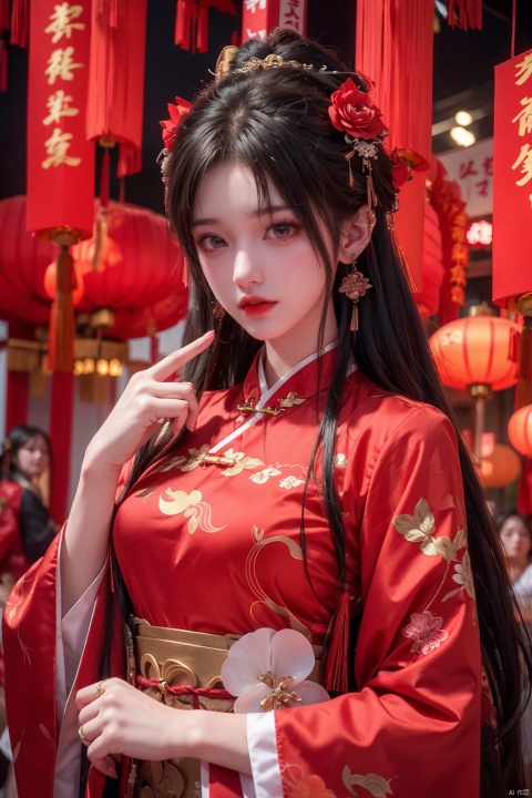  1 girl, black hair, fuzzy, Chinese clothing, Chinese New Year, clothes, earrings, flowers, shortened, fur decoration, gift, hair flowers, hair decoration, Hanfu, (Happy New Year), (holding), ((red packets))), jewelry, lips, long sleeves, looking at the audience, multiple rings, can empty, New Year, reach out, reach out, point, point to the audience, reach out, red background, red border, Red Sky, red theme, solo, rings
chinese new year