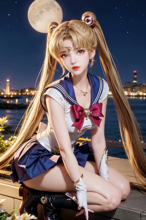  Top Quality, 1 girl, Sailor Moon, blonde hair, blue collar, boots, bow, castle, collar, city, crescent, Crescent, bun, earring, gloves, facial markings, flowers, full moon, gloves, jewelry, boots, layered skirt, lilies, lipstick, long hair, magic girl, cosmetics, Moon, night, Sailor Collar, Sailor Moon, sailor uniform, skirt, sky, solo, Star, Sky, Moon, pigtail, white shoes, white gloves, close up