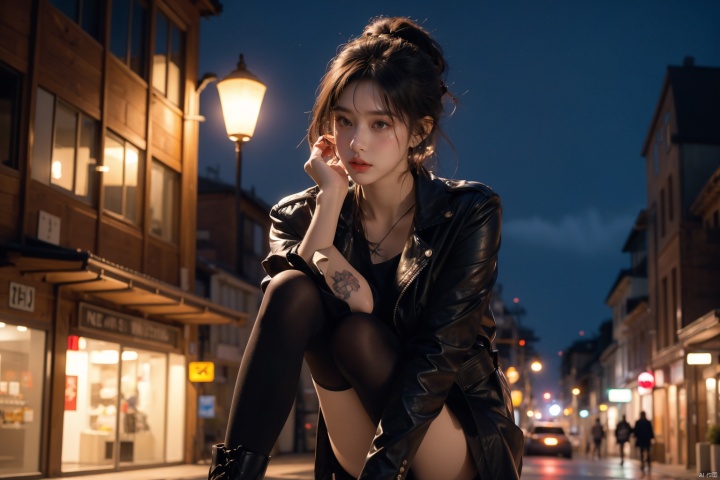  Best Quality, Hyper-Realistic, (Ultra High Resolution), Masterpiece, 8K, RAW Photo, Cover Art, Light, Photo Art, Realistic, Gangster Girl, Leather Jacket, Tattoo, City Alley, Cigarette,, Dress, Ripped Tights, combat boots, slicked back hairstyle, staring gaze, street lamp, graffiti on wall, moonlit night, subtle sneer, distant police sirens,bikini, city skyline background, rough vibe, rebellious Posture, Loyalty Tattoo, Scar Above Eyebrow, Headphones, Whispered Conversation, (Danger:1.7) (Tension:1.6) (Cinematic Lighting:1.4), tutult