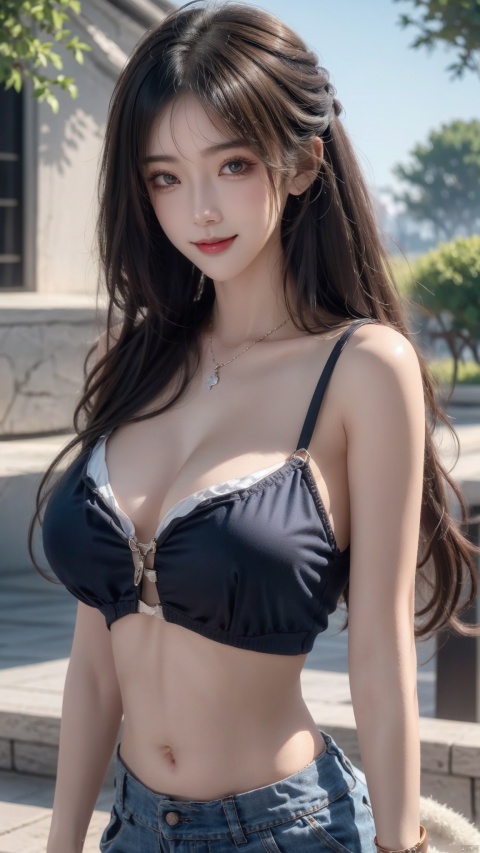  Masterpiece, Best Quality, CG, (Pretty Girl), (School Uniform), (White Ultra Short Open Navel T-shirt), (Cowboy Ultra Short Strap Pants), Smile, (Tight Clothes), Perfect Body, Upper Body, (Showing Skin Texture), Brown Hair, (Huge Chest), Tight Clothes, (Transparent), (Brilliant Light and Shadow), Backlight, (Virtual Background), (Exquisite Facial Features), Exquisite Hairstyle, Ultra Fine, Close to the Audience, Pay attention to facial details, (fine facial depiction), (ultimate details), 8K, Nebula, 21yo girl