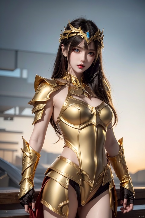  High quality, masterpiece, wallpaper, cinematic graphics,1girl,(( gold armor),blue eyes, breasts ,cowboy shot, medium breasts,standing, 1girl, 21yo girl