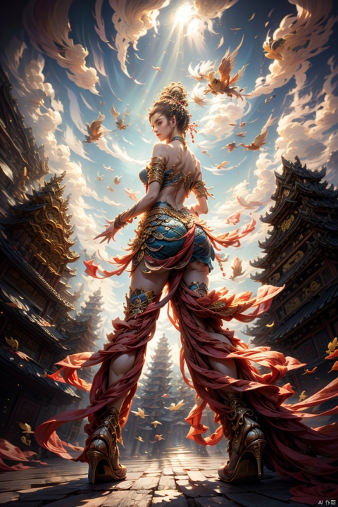  ((UHD, masterpiece, award winning, best quality, highres, 8k, high details)),a girl,(from back:1.3),(from below:1.5),look back,(full body:1.2),she is 1.72 meters tall,Cloudy, sky,light,particles,birds,dunhuang,zhongfenghua,xiyou,zhongfenghuaxiyou,chinese ancient architecture,ancient architecture in asia,particle,ray of light,(Ancient Chinese architecture:1.3),high heels