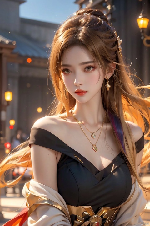  1girl,Bangs, off shoulder, colorful_hair, ((colorful hair)), yellow eyes, chest, necklace, earrings, floating hair, jewelry, sleeveless, very long hair,Looking at the observer, parted lips, pierced,energy,electricity,magic,tifa,sssr,blonde hair,jujingyi, (gold armor), liuyifei