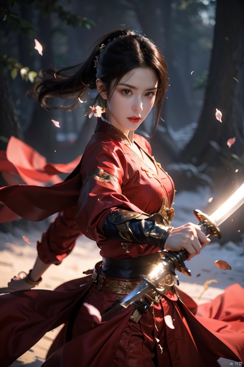  1girl,black hair,energy sword,glint,glowing sword,Unsheathed sword,solo,red Hanfu,Grasp the hilt with your hand,Brave and spirited,sword-dance,holding sword,looking at viewer,petals,solo,standing, ((poakl)), (\fan hua\)