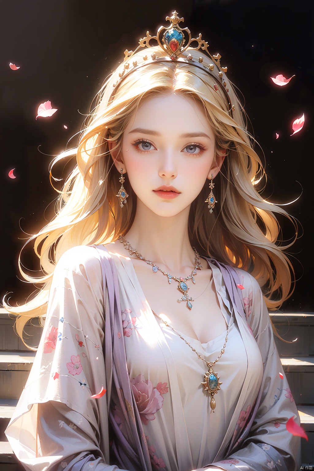  (absurdres, highres, ultra detailed),
1girl, 26yo girl,
wavy long hair,Blond hair, coral eyes, bangs, long sleeves,

finely detailed eyes and detailed face, extremely detailed CG unity 8k wallpaper, intricate details,
(style-swirlmagic:1.0), looking at viewer, solo, upper body, detailed background, close up, detailed face,

(purple medieval byzantine theme:1.1), royal monarch, aristocratic, floating particles, rose petals, sitting on stairs, ballroom background, symmetrical composition, sidelighting, cinematic atmosphere, shadows, royal crown, jewels, , portrait, wind swirling