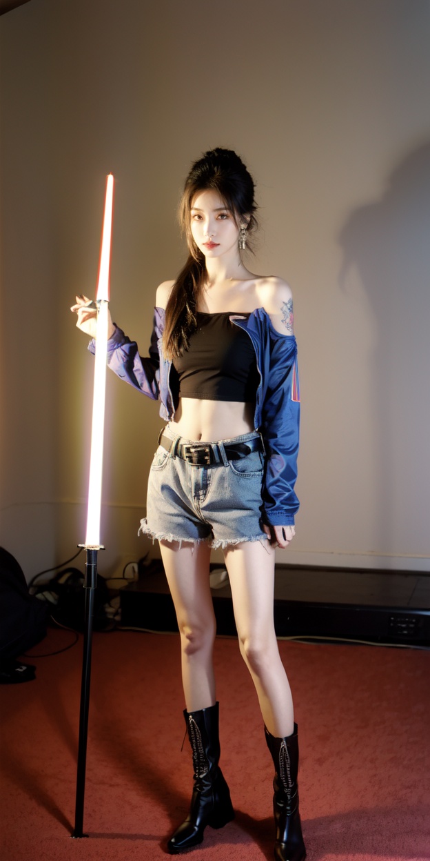  1girl, solo, navel, tattoo, jacket, midriff, belt, pants, holding, lightsaber, boots, energy sword, blue jacket, looking at viewer, full body, jewelry, standing, earrings, multicolored hair, off shoulder, black hair, denim jacket, nail polish, crop top, black footwear, fishnets, bare shoulders, shorts,jyy-hd
