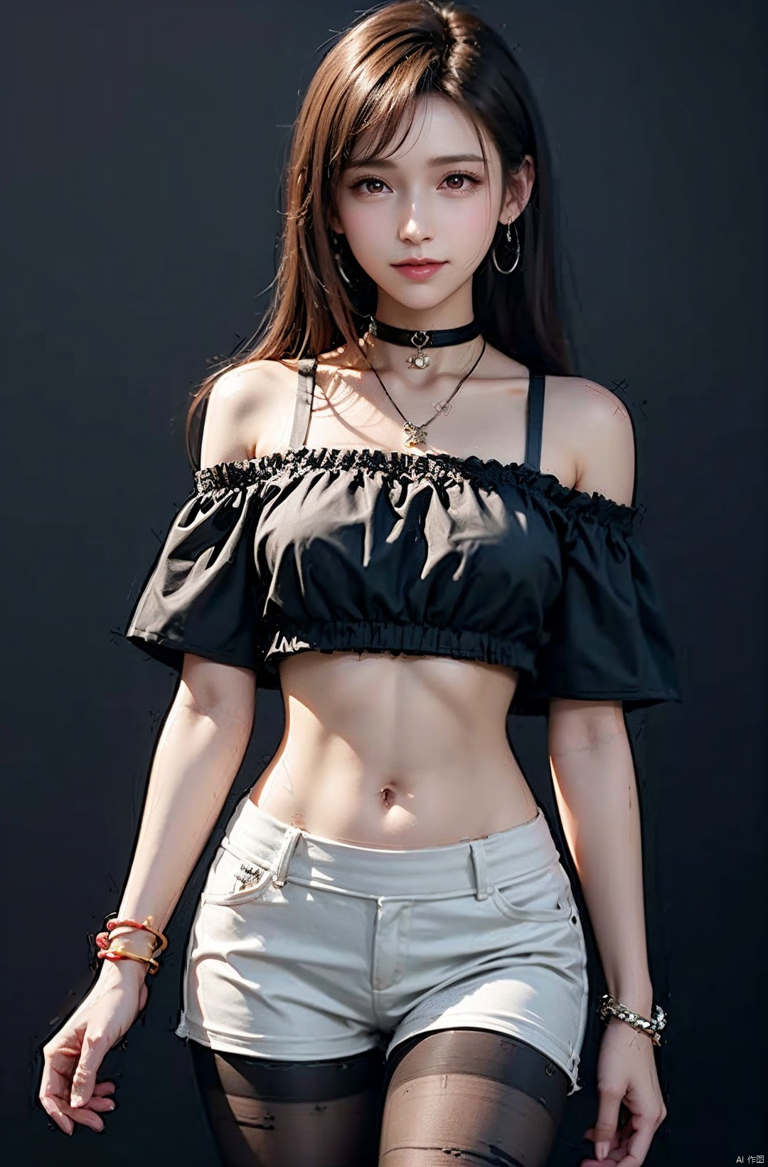  nai3, 1girl, shorts, solo, crop top, choker, pencil skirt, skirt, , navel, shirt, midriff, crop top overhang, looking at viewer, white shirt, jewelry, breasts, cowboy shot, bare shoulders, off-shoulder shirt, off shoulder, black choker, thighs, stomach, hand on own thigh, long hair, bracelet, short sleeves, ribbon, hand up, collarbone, hair ribbon, medium breasts, standing, , , bra strap, kind smile, hair ornament, thigh gap, bangs, necklace, expressionless,, , , blackpantyhose, , tifa