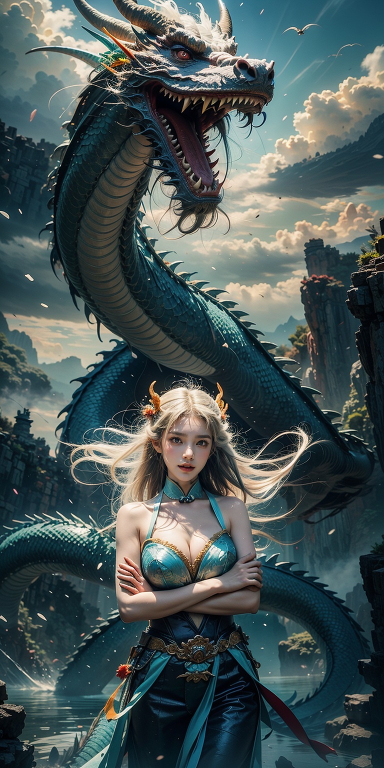  Women, with white hair, delicate facial features, clear facial features, (put nothing on :1.9), crossed arms, beautiful and charming, charming figure, large chest circumference, flowing hair, a white haired woman stepping on a dragon head, gazing into the distance, sexy figure, long hair, floating hair, big hair, hair bunches, "Dragon Fight for Heaven", martial arts sword dance, mist, surrealism, immortality, ultimate, masterpiece, ultra-high resolution, Chinese mythology, heaven, dragon hovering in the air, dragon riding, Cloud sea, mountain sea piercing cliffs, (original photo, best quality, masterpiece: 1.2), (ultra realistic, photo fidelity: 1.3), ultra detailed, ultra detailed cg 16k wallpaper, skin gloss, lightweight personality, perfect, clean, professional artwork, famous artwork, perfect face, beautiful face, (crystal texture skin: 1.2), looking at the audience, (pov: 1.2),,,
,dragon_real,wuxia,bathygosaurus