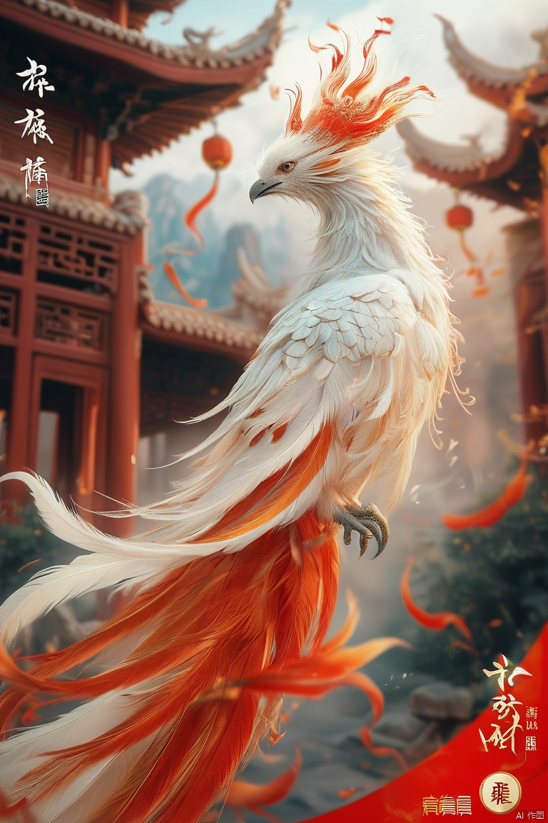  shanhaijing,phoenix,outdoors, no humans, feathers, building, chinese text, animal focus, talons, white feathers