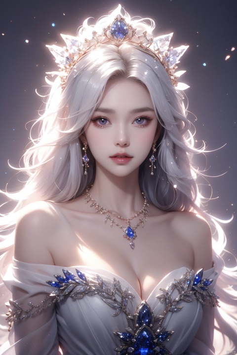  A princess, bust shot, close-up of the figure's head, ice crown, ornament, jewelry, necklace, sapphire, purple stone, noble dress, off-the-shoulder, big eyes, high nose, rosy lips, flowing white long hair and ear chain, just like a princess.White hair, Cleavage,Messy hair,delicate head wearing an ice crown, sparkling, flashing.,huliya