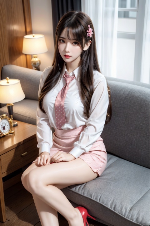  (2girls), multiple girls, high heels, brown hair, necktie, sitting, skirt, pantyhose, shirt, couch, long hair, cup, realistic, indoors, office lady, jacket, flower, white footwear, hair flower, pencil skirt, formal, suit, hairband, white shirt, legs, pillow, holding, bag, blurry, collared shirt, skirt suit, hair ornament, pink skirt , 1girl,high_heels,yellow_footwear,pencil_skirt,handbag,polka_dot_legwear