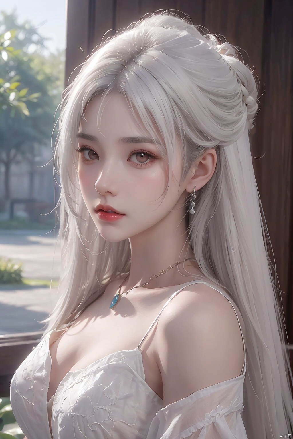  A girl, long white hair, flowing hair, bust, close-up of face, bust, fair skin, necklace, masonry, gem, ear chain, clavicle, off-the-shoulder, exquisite facial features and makeup.Red lips and delicate eye makeup.Delicate hair
( Best Quality: 1.2 ), ( Ultra HD: 1.2 ), ( Ultra-High Resolution: 1.2 ), ( CG Rendering: 1.2 ), Wallpaper, Masterpiece, ( 36K HD: 1.2 ), ( Extra Detail: 1.1 ), Ultra Realistic, ( Detail Realistic Skin Texture: 1.2 ), ( White Skin: 1.2 ), Focus, Realistic Art,liuguang,liuguang, Nebula