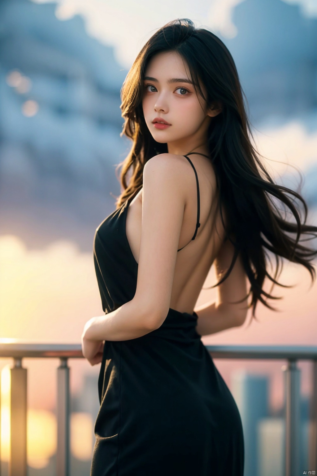  Realistic photography, on the roof of a skyscraper, a 20-year-old girl stands, wearing a slim black dress, looking straight into the camera. Behind her, numerous skyscrapers stretch into the distance, Canon 5DMarkⅳ, 35MM lens aperture 1.2, background blacked out. A perfect twilight moment, the late afternoon sun casts a warm glow on the girl's face, enhancing the impact of the scene. This photograph captures a quiet and warm feeling, and sharpness and realism make every detail vivid and clear. Straight black hair, over the waist long hair flowing in the wind, backless. Vibrant, breathtakingly beautiful, hip wrap dress\(yedian\), jy