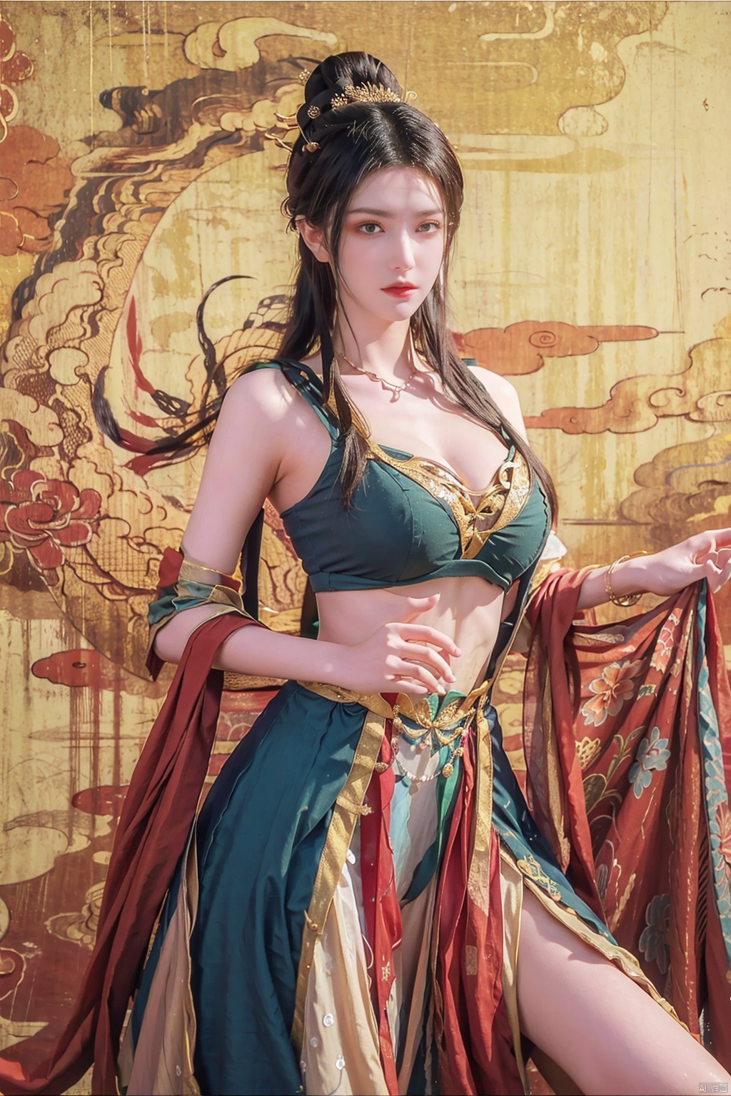  ,dunhuang_dress,dunhuang_background,1girl,dance,flying,masterpiece, traditional chinese ink painting, 1 girl, long hair, look at viewer, tease, Spirit, loong, dunhuang_style, dunhuang_cloths, 4k, best quality, super detail, award winning, high quality, best quality, high details ,(big breasts:1.5)