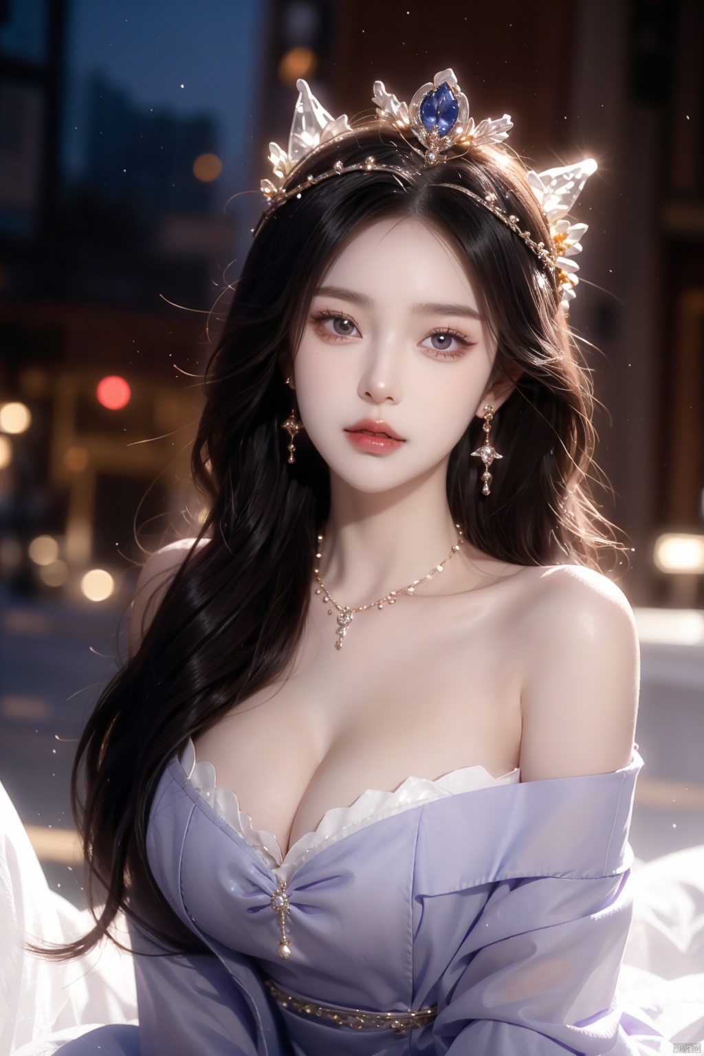  A princess, bust shot, close-up of the figure's head, ice crown, ornament, jewelry, necklace, sapphire, purple stone, noble dress, off-the-shoulder, big eyes, high nose, rosy lips, flowing white long hair and ear chain, just like a princess.White hair, Cleavage,Messy hair,delicate head wearing an ice crown, sparkling, flashing.,huliya, christmas, 1girl,skirt