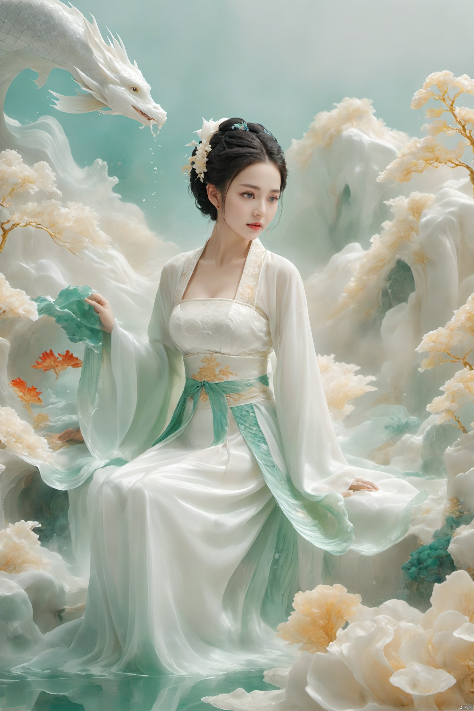  arien_hanfu, mermaid,east dragon,pure white theme,deep in the water,sea,under sea,30 yo lady,large_breasts, guohua, HUBG_Chinese_Jade, Relief style