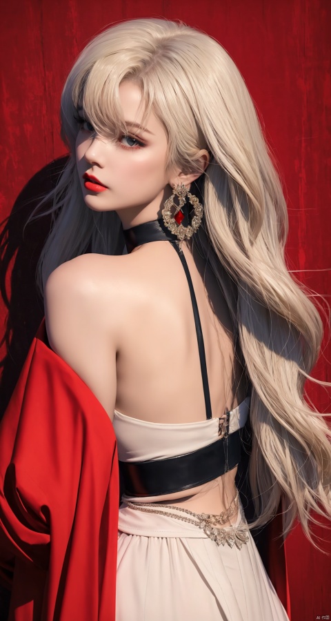  Colorful background, 1girl, long hair, solo, jewelry, looking at viewer, earrings, upper body, red choker, bangs, choker, bare shoulders, closed mouth, hair intakes, dress, wavy hair, sleeveless, necklace, {head tilt}, msaibo, evil, evil face, mjiaocha, {letterboxed}, 
hair_vents,rubynecklace,blackchoker,looking back,{white hair}, {letterboxed}, {letterboxed}, 
official,1girl, official, klara,1girl,white hair,long hair,red eyes,red coat,white shirt,long sleeves, dress,thigh strap,