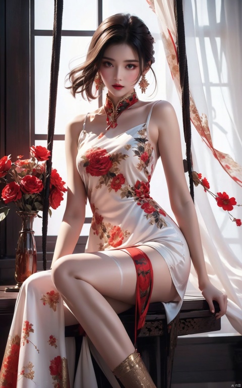  Model in black stockings wearing long white dress on swing w. floral pattern, style, Soft romantic scene, 32k ultra high definition, red and gold, minimalist set, ferrania p30
